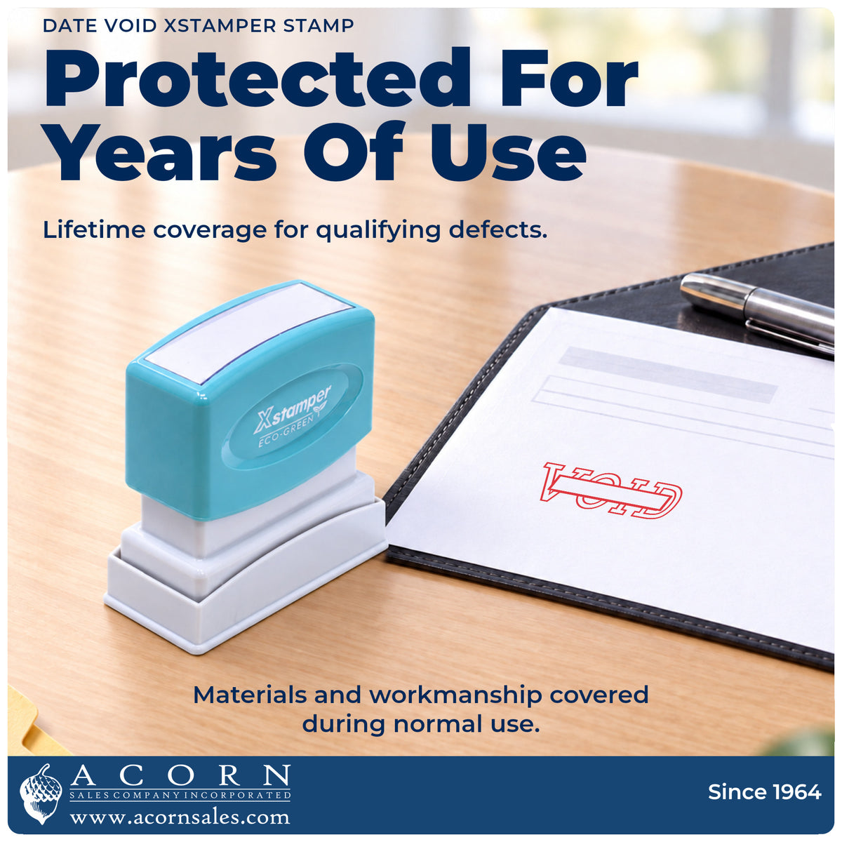 Lifetime guarantee graphic shown with the Date Void Text Stamp from Acorn Sales