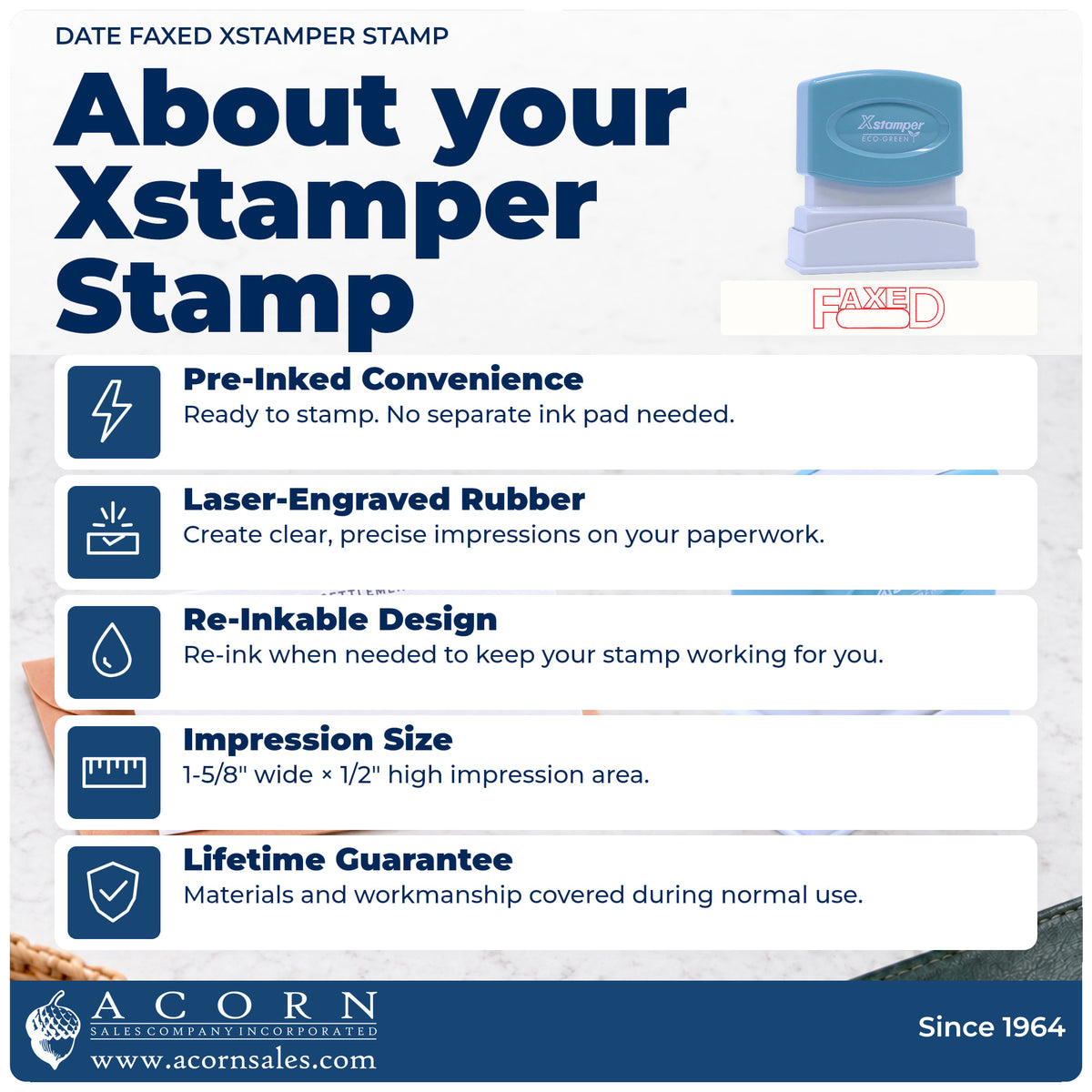 About your Xstamper Date Faxed Stamp: Xstamper 1350 pre-inked stock stamp facts