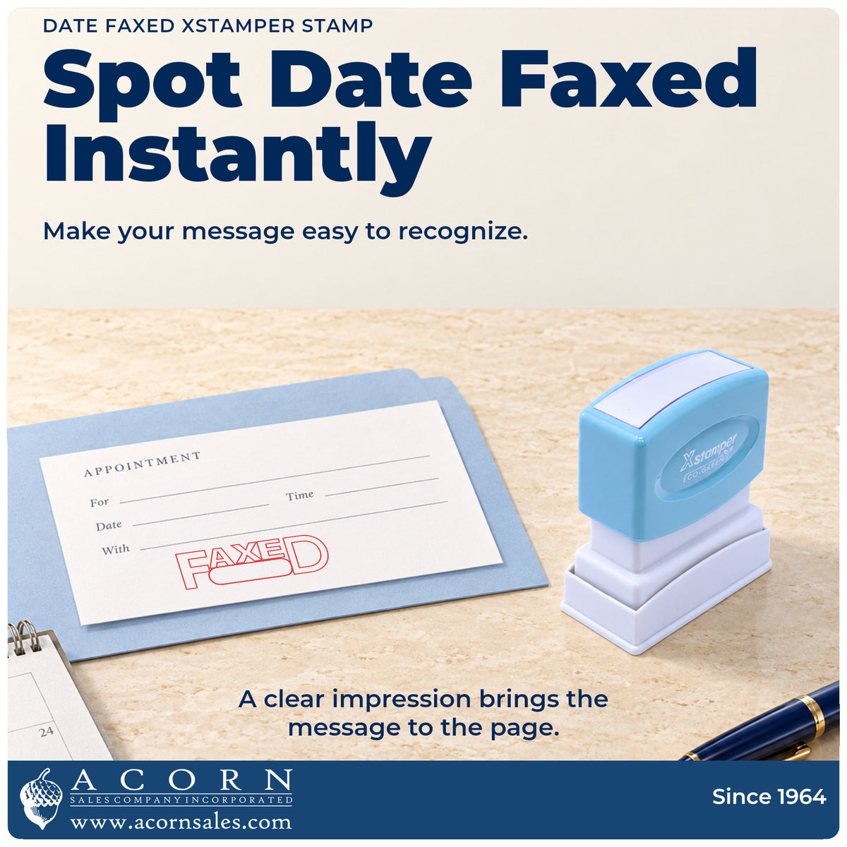 "Date faxed" imprint on office paperwork beside the Xstamper Date Faxed Stamp