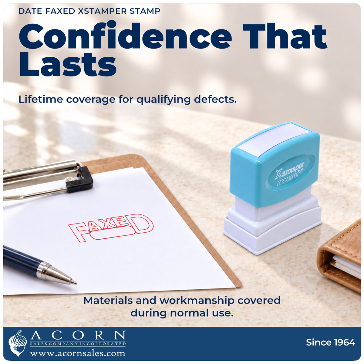Lifetime guarantee graphic shown with the Xstamper Date Faxed Stamp from Acorn Sales