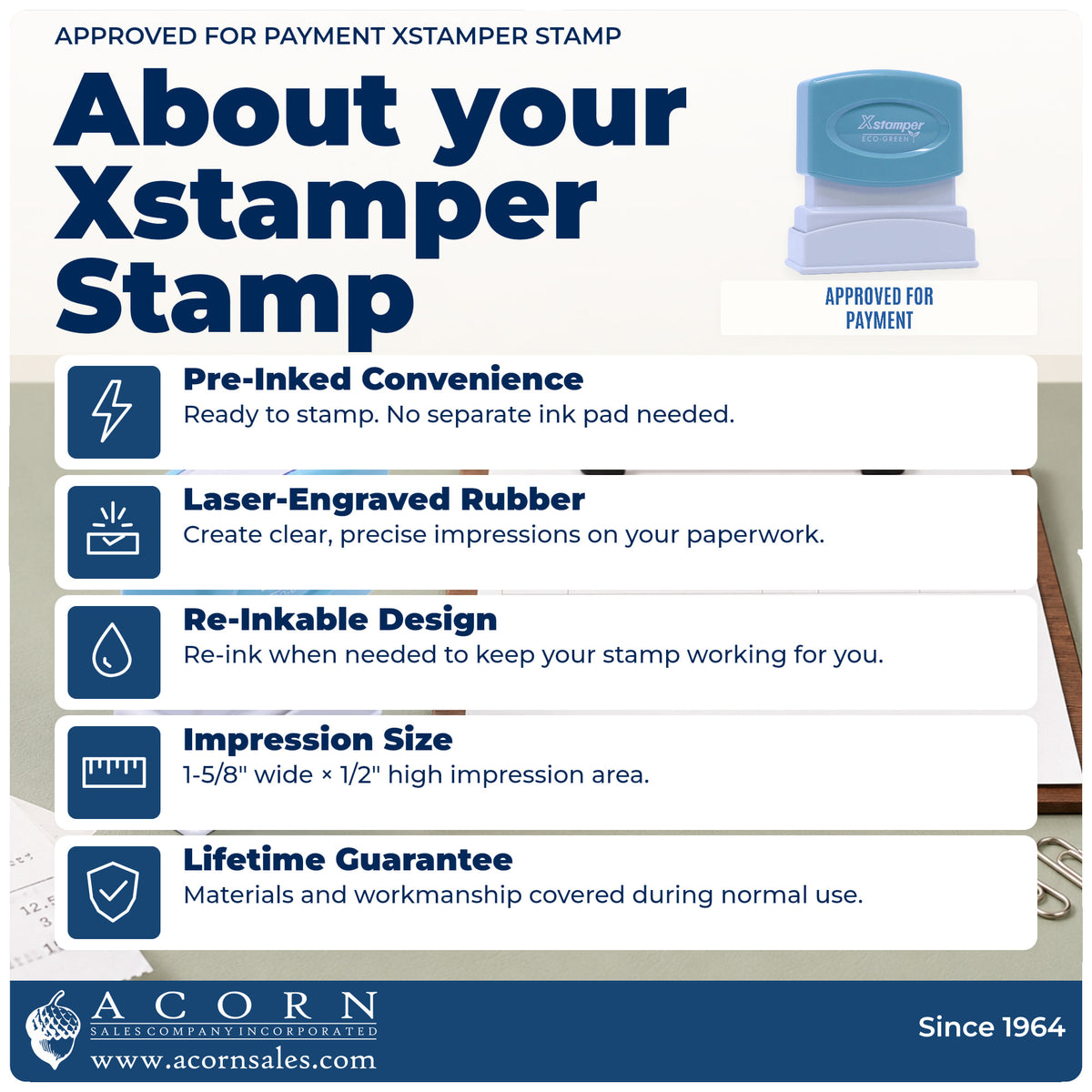 About your Approved For Payment Stamp: Xstamper 1025 pre-inked stock stamp facts