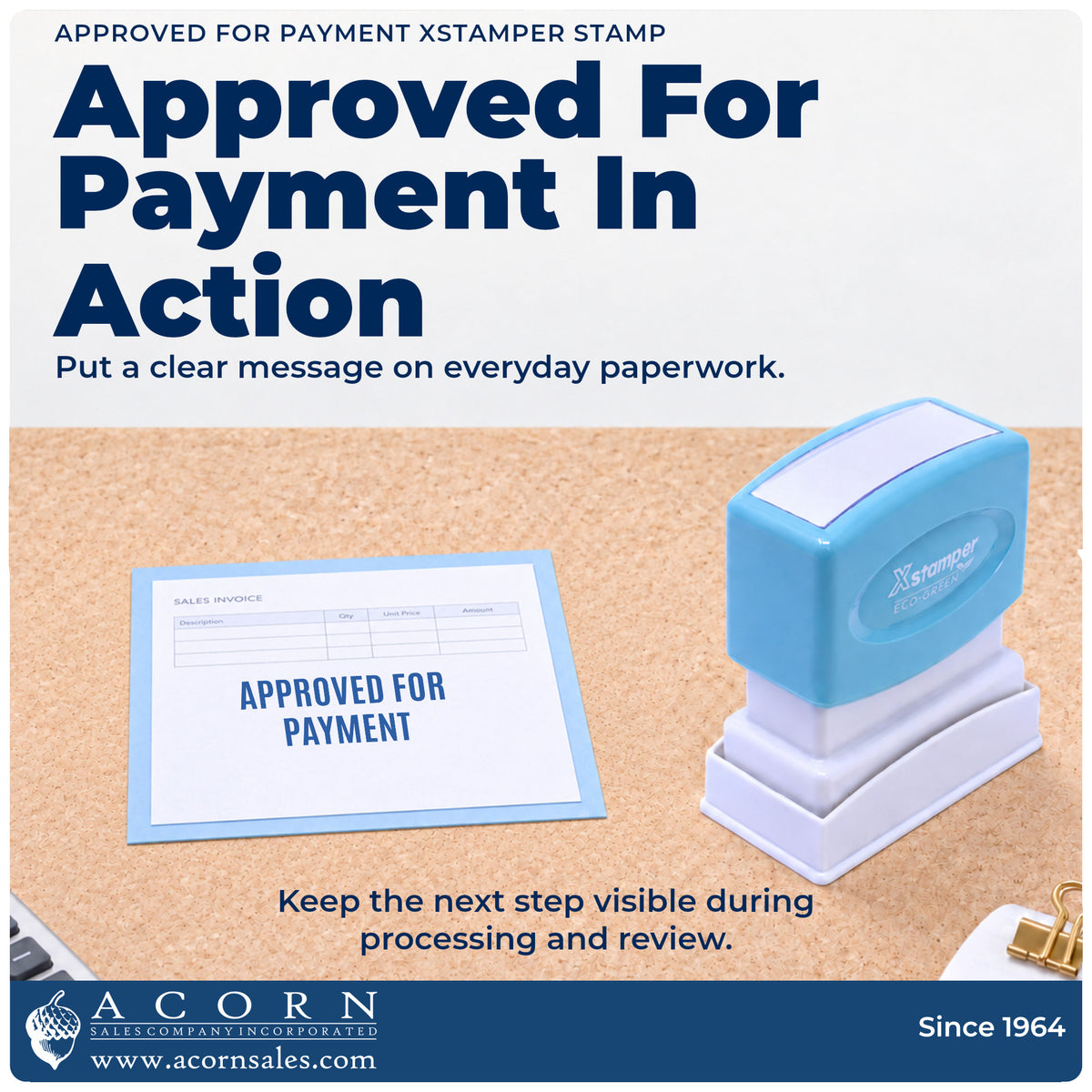 Approved For Payment Stamp being pressed to leave an imprint reading "Approved for payment"