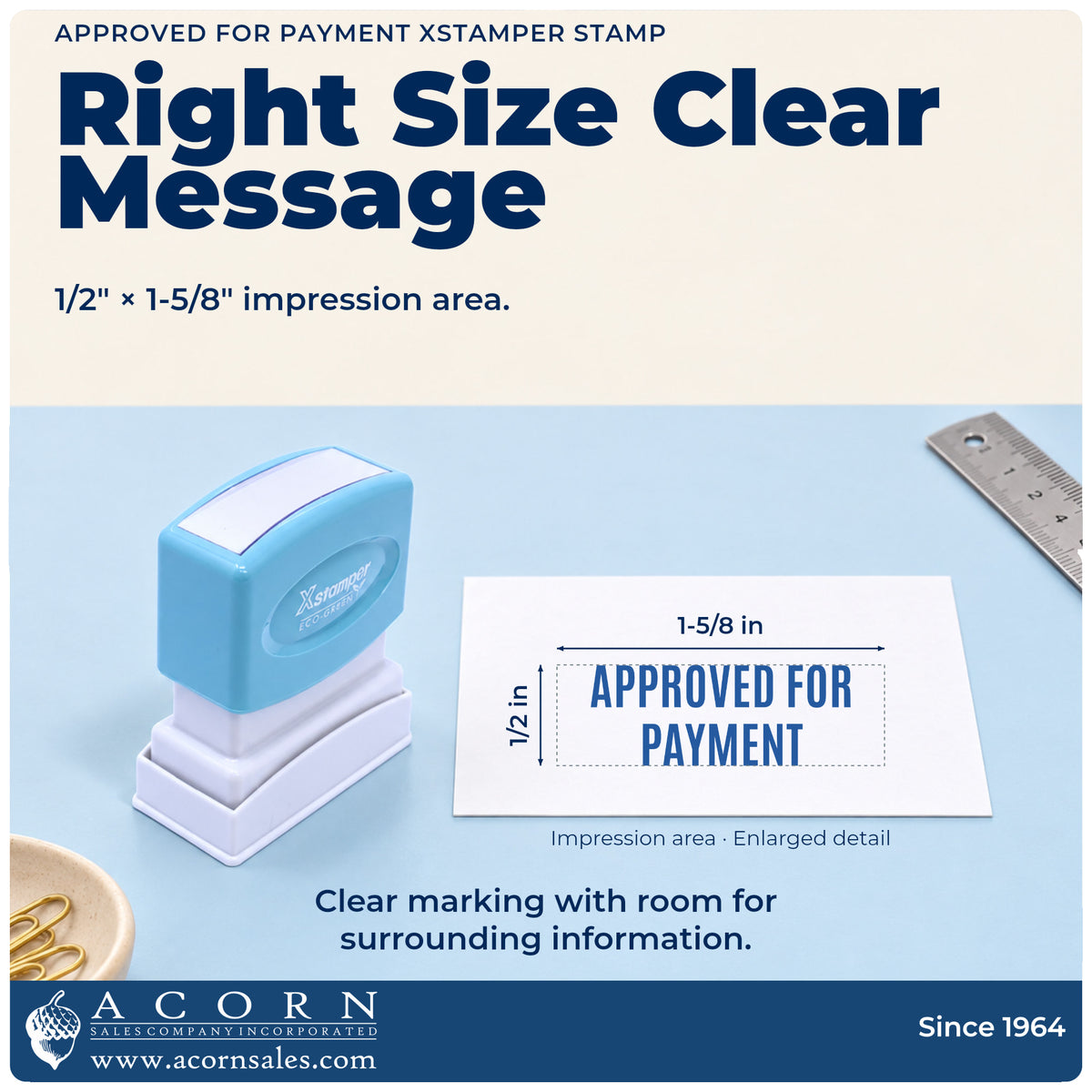 Impression size guide: the "Approved for payment" imprint measures 1/2 x 1-5/8 in