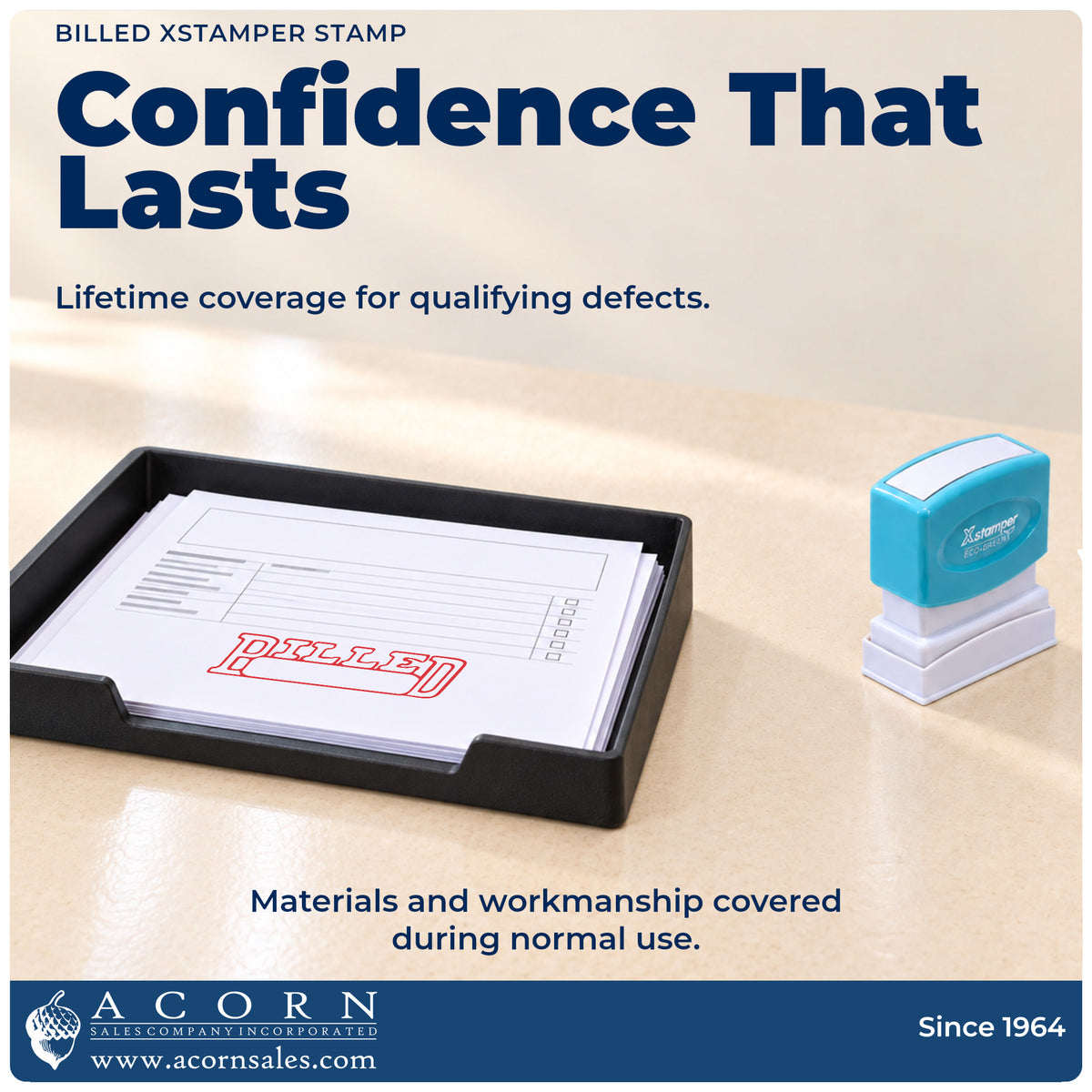 Lifetime guarantee graphic shown with the Xstamper Billed Invoice Stamp from Acorn Sales