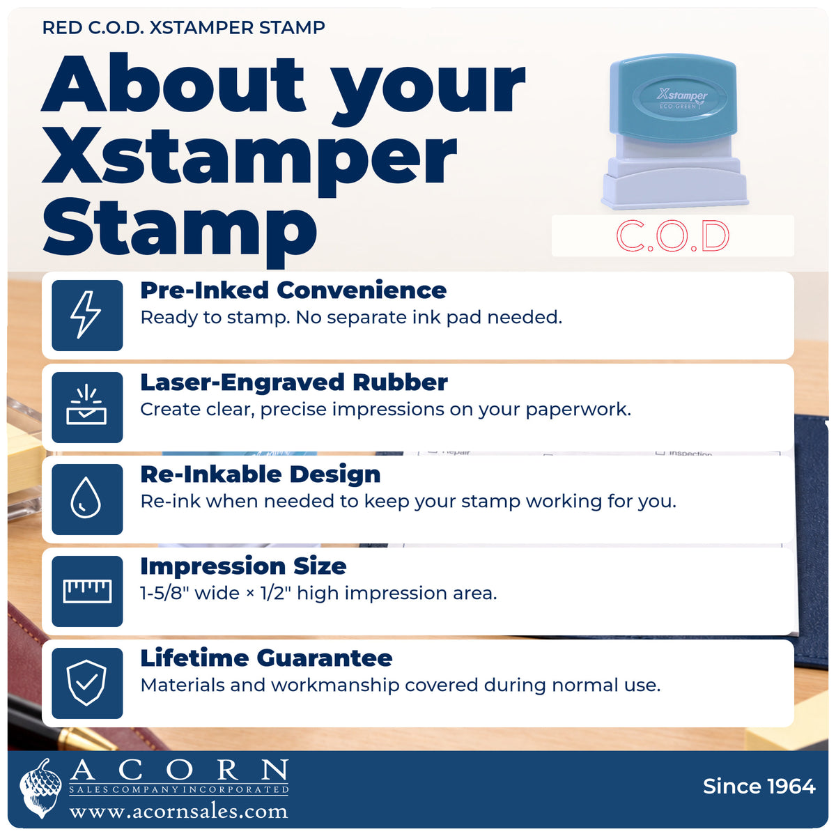 About your C.O.D. Office Stamp – Red Pre-Inked Xstamper: Xstamper 1011 pre-inked stock stamp facts