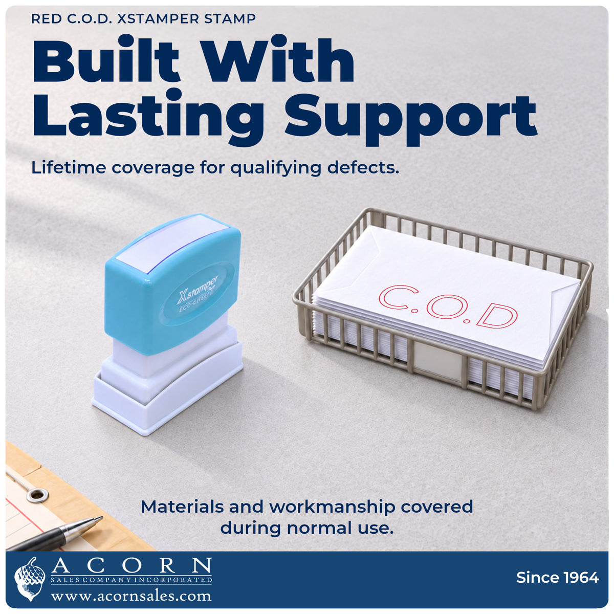 Lifetime guarantee graphic shown with the C.O.D. Office Stamp – Red Pre-Inked Xstamper from Acorn Sales
