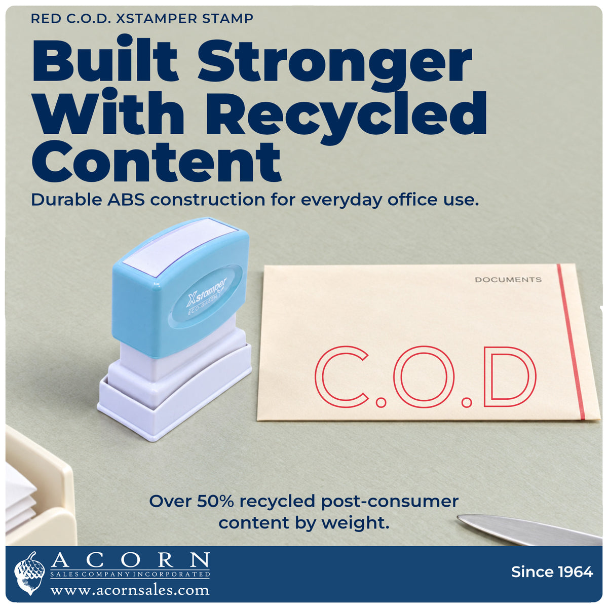 Features of the C.O.D. Office Stamp – Red Pre-Inked Xstamper: pre-inked Xstamper 1011, 1-5/8 x 1/2 in imprint