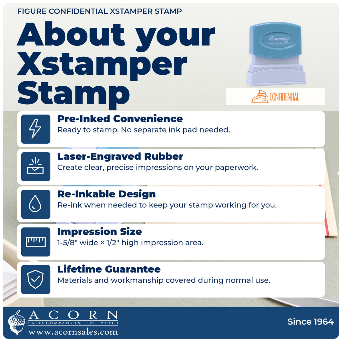 About your Confidential Office Stamp – Figure Style Pre-Inked Xstamper: Xstamper 1818 pre-inked stock stamp facts