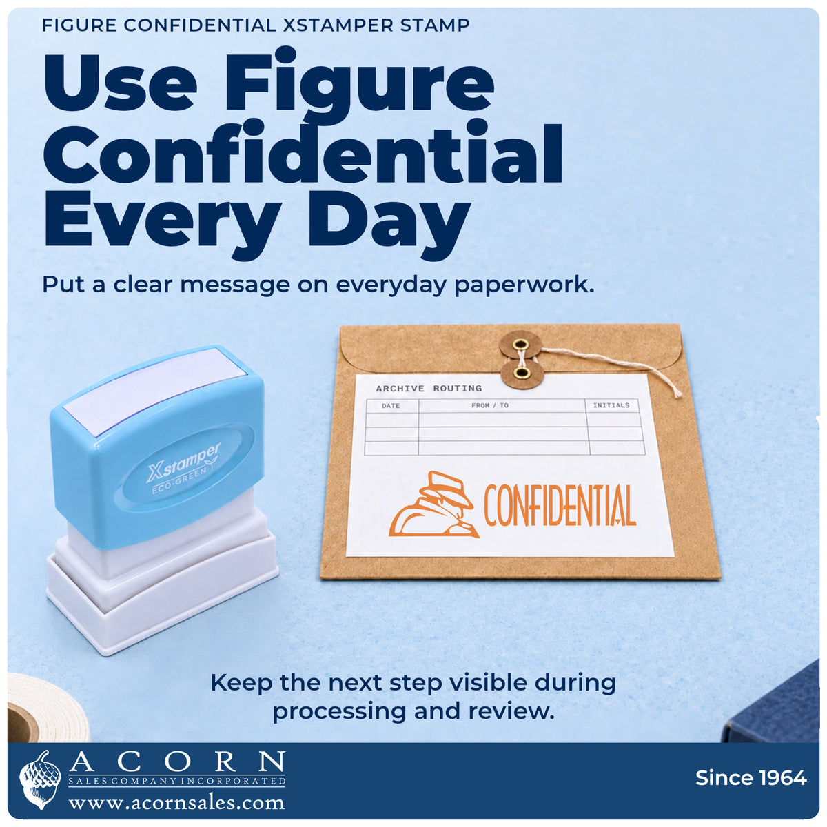 Confidential Office Stamp – Figure Style Pre-Inked Xstamper being pressed to leave an imprint reading "Confidential"