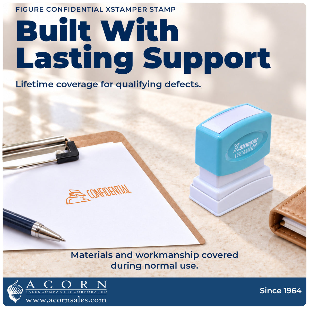 Lifetime guarantee graphic shown with the Confidential Office Stamp – Figure Style Pre-Inked Xstamper from Acorn Sales