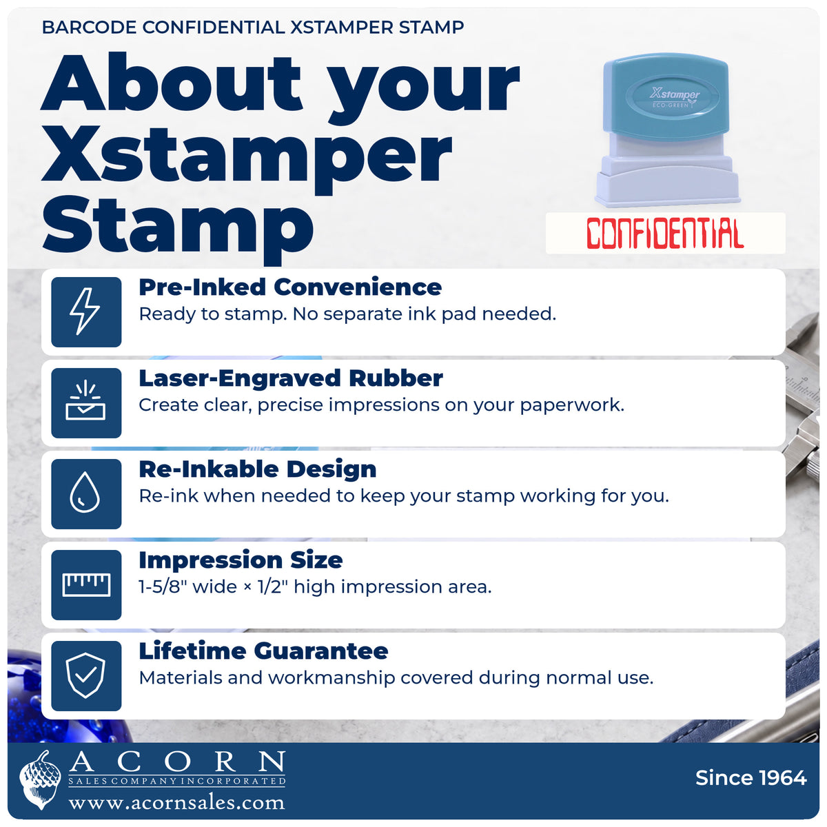 About your Confidential Document Stamp – Barcode Style Pre-Inked Xstamper: Xstamper 1604 pre-inked stock stamp facts
