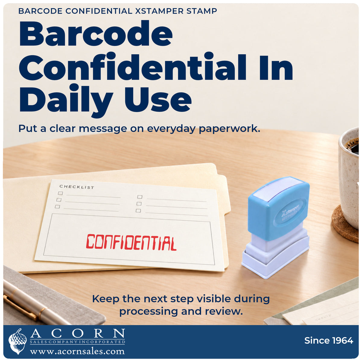 Confidential Document Stamp – Barcode Style Pre-Inked Xstamper being pressed to leave an imprint reading "Confidential"