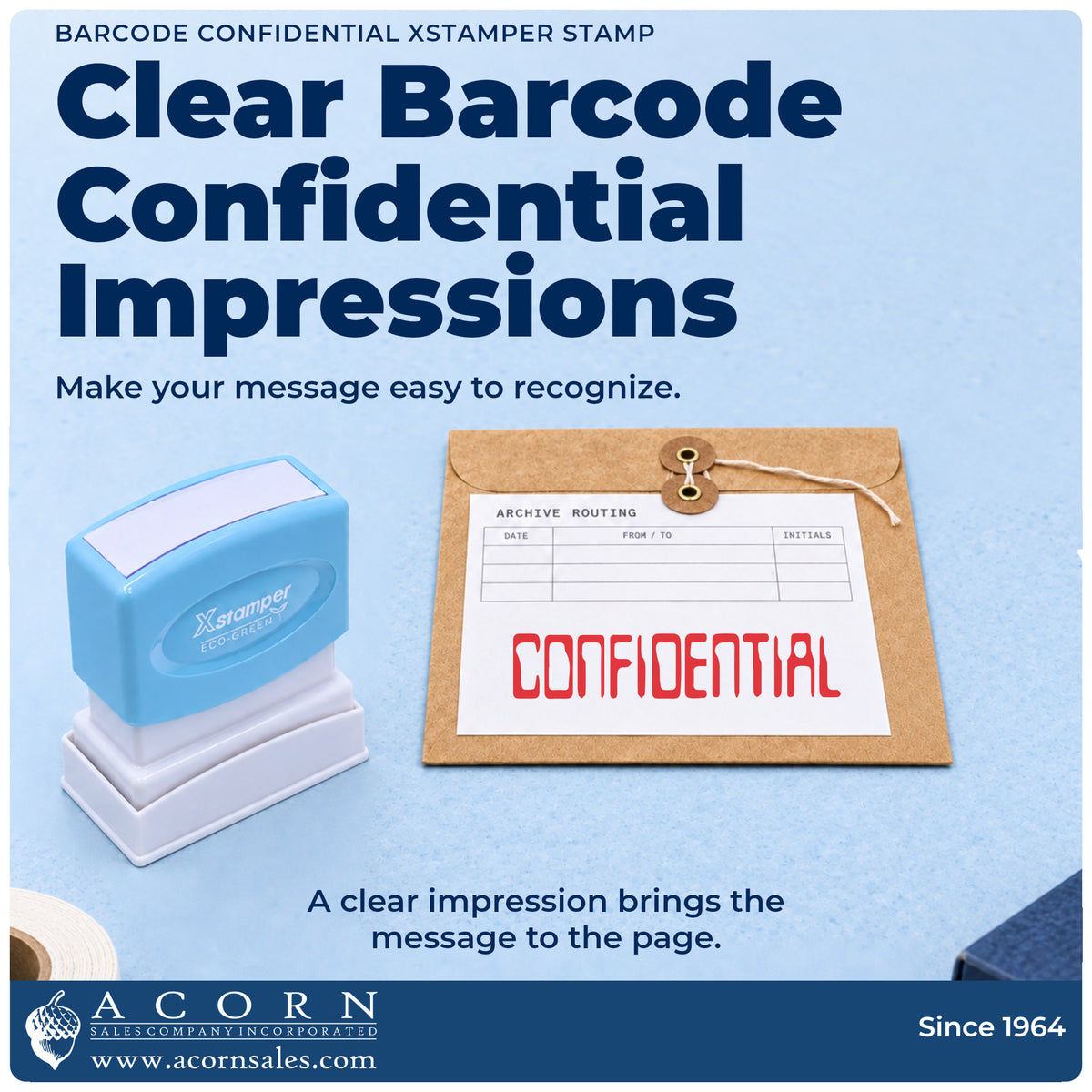 "Confidential" imprint on office paperwork beside the Confidential Document Stamp – Barcode Style Pre-Inked Xstamper