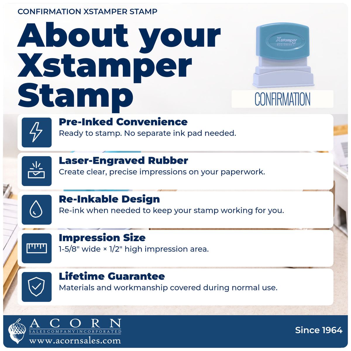 About your Confirmation Stamp: Xstamper 1022 pre-inked stock stamp facts