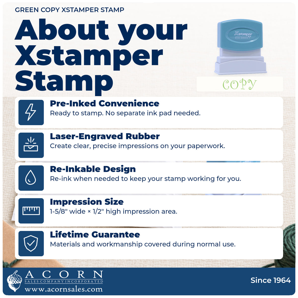 About your Green Copy Stamp: Xstamper 1817 pre-inked stock stamp facts