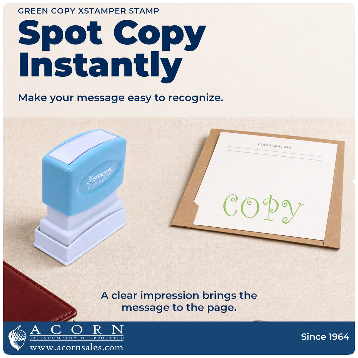 "Copy" imprint on office paperwork beside the Green Copy Stamp