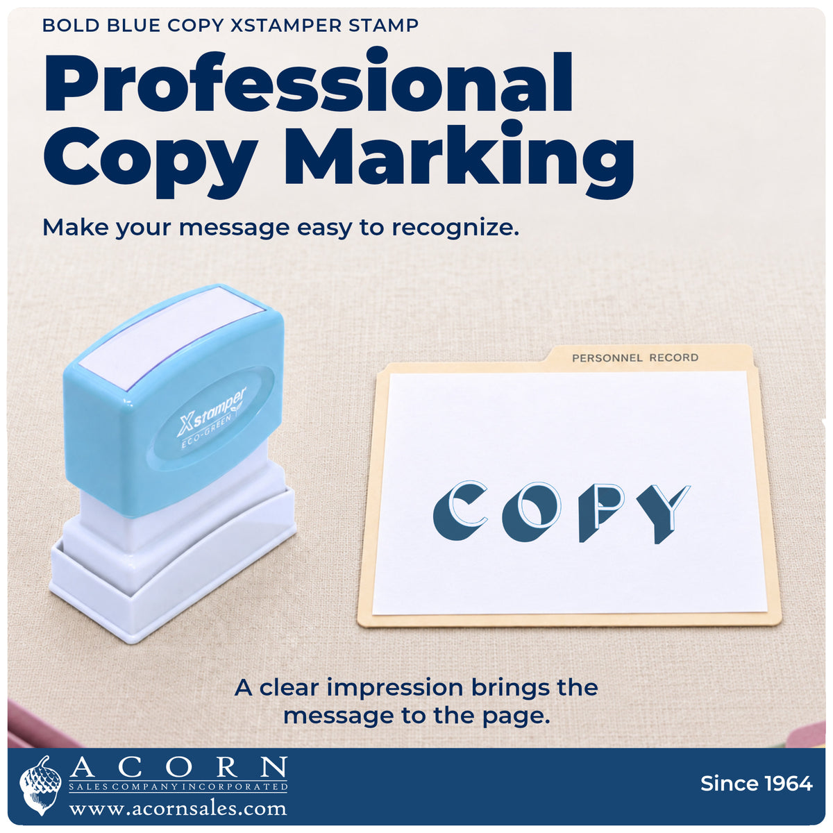 "Copy" imprint on office paperwork beside the Xstamper Copy Stamp – Bold Blue Pre-Inked
