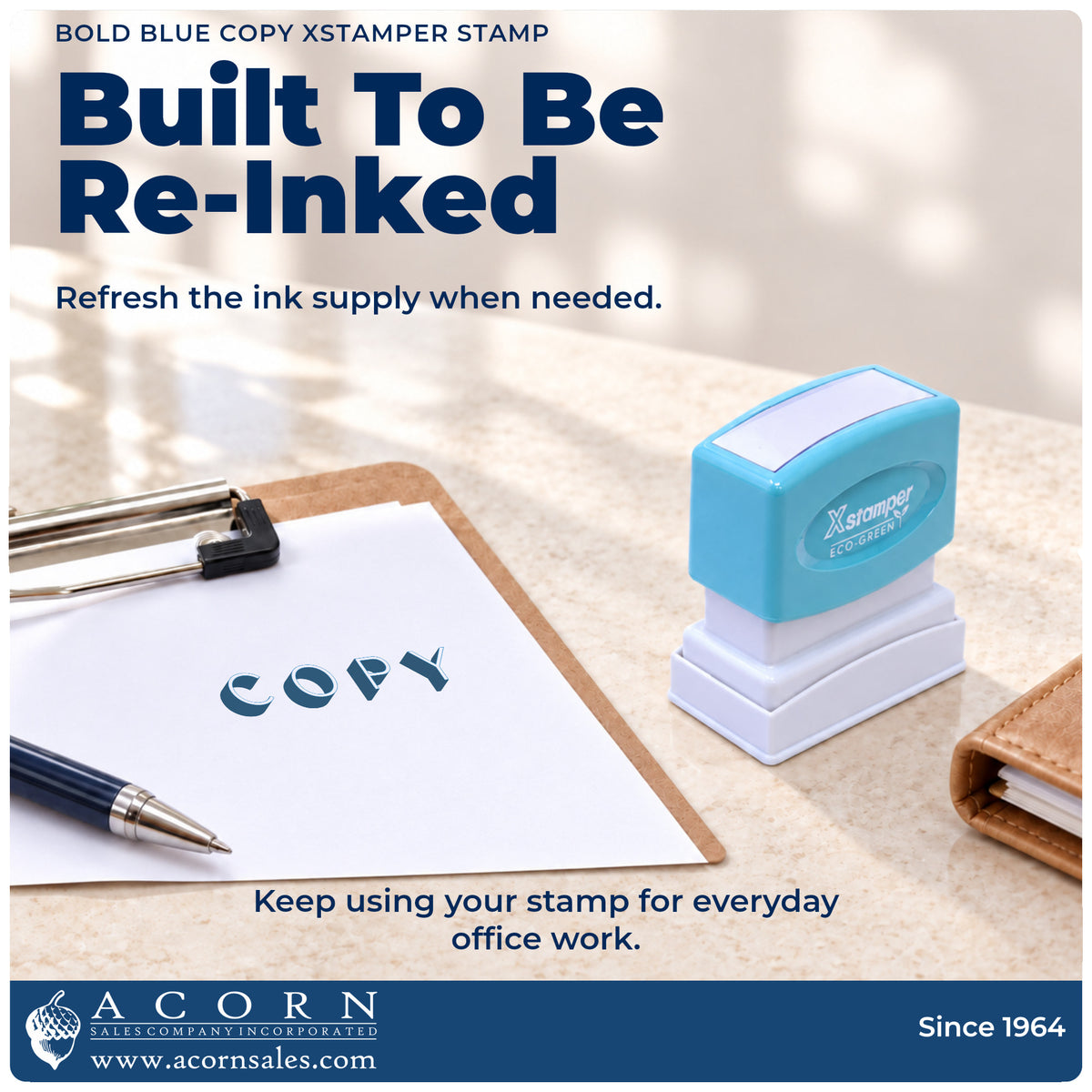 Re-inkable pre-inked build of the Xstamper Copy Stamp – Bold Blue Pre-Inked shown in detail