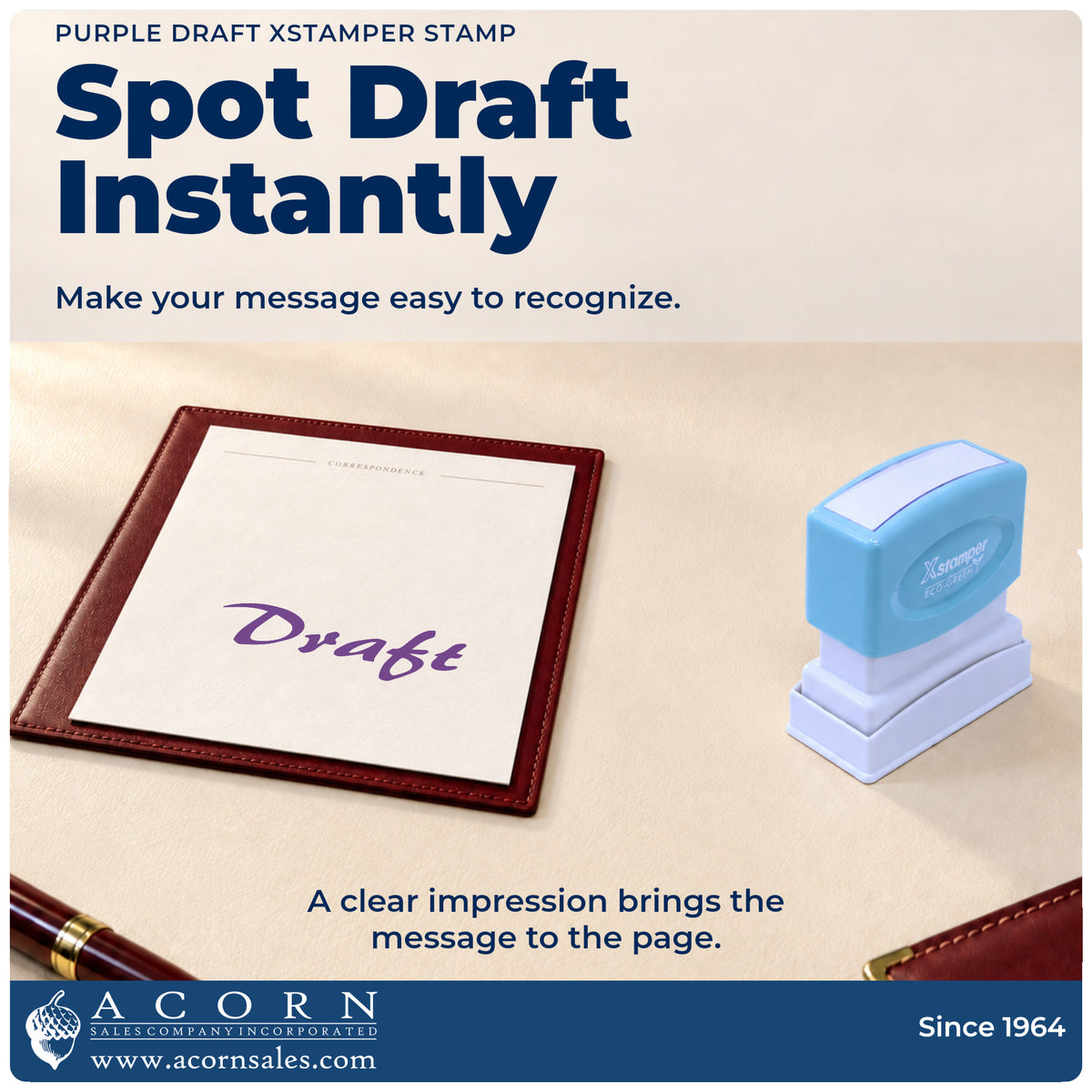 "Draft" imprint on office paperwork beside the Purple Draft Review Stamp