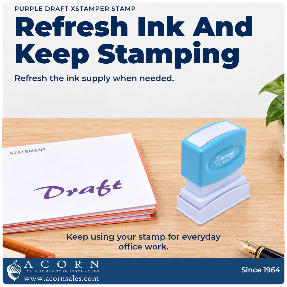 Re-inkable pre-inked build of the Purple Draft Review Stamp shown in detail