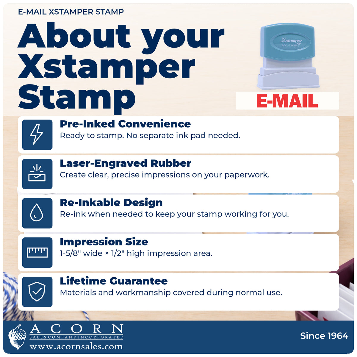 About your E-Mail Office Stamp: Xstamper 1651 pre-inked stock stamp facts