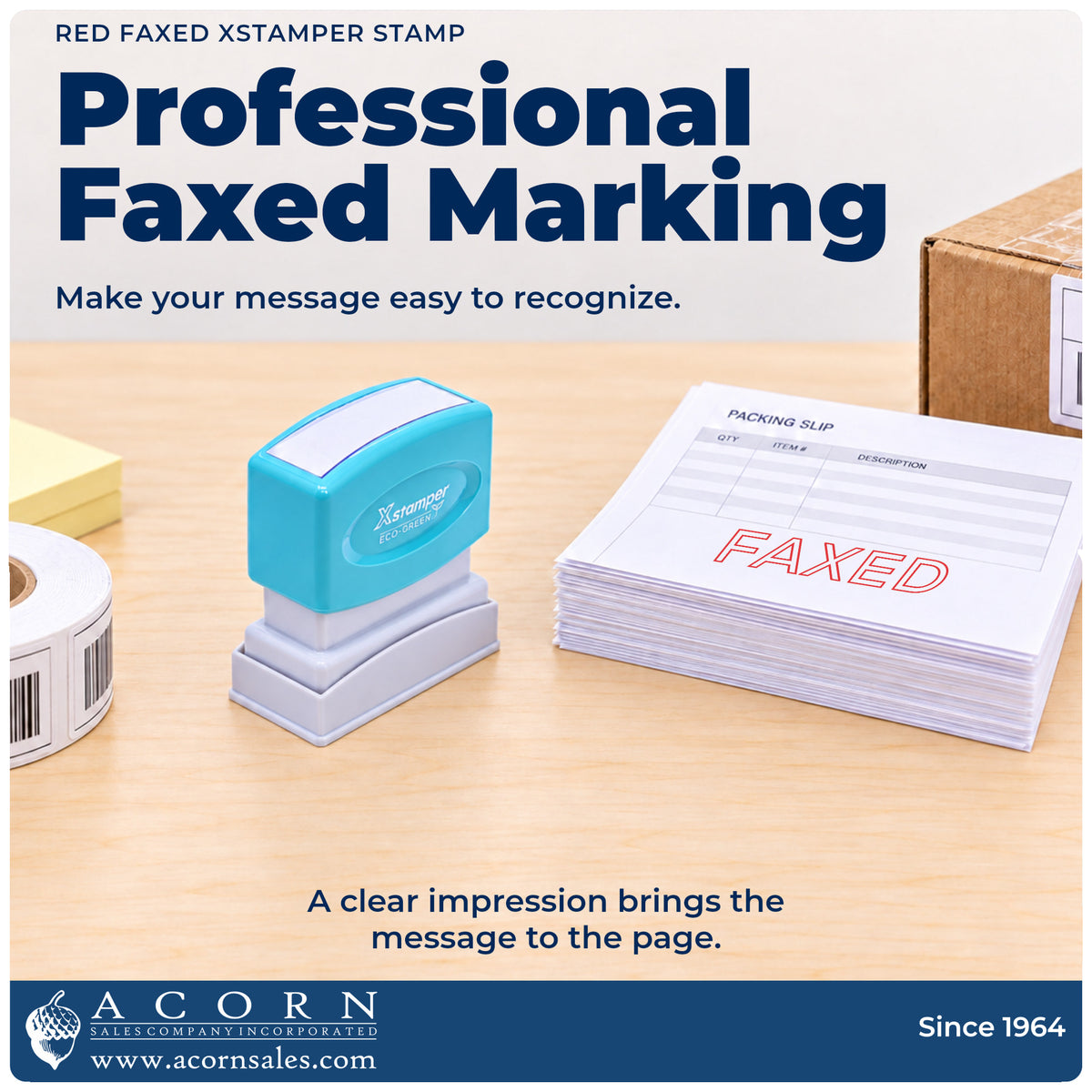 "Faxed" imprint on office paperwork beside the Faxed Stamp For Fax Paperwork – Red Pre-Inked Xstamper