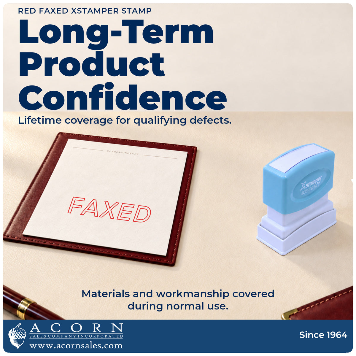 Lifetime guarantee graphic shown with the Faxed Stamp For Fax Paperwork – Red Pre-Inked Xstamper from Acorn Sales