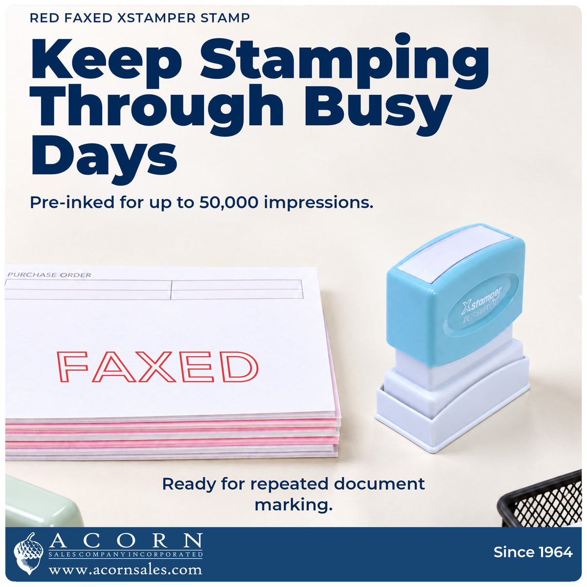 Re-inkable pre-inked build of the Faxed Stamp For Fax Paperwork – Red Pre-Inked Xstamper shown in detail