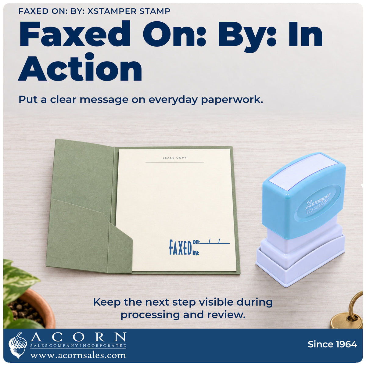 Xstamper Faxed On: By: Stamp being pressed to leave an imprint reading "Faxed on: by:"
