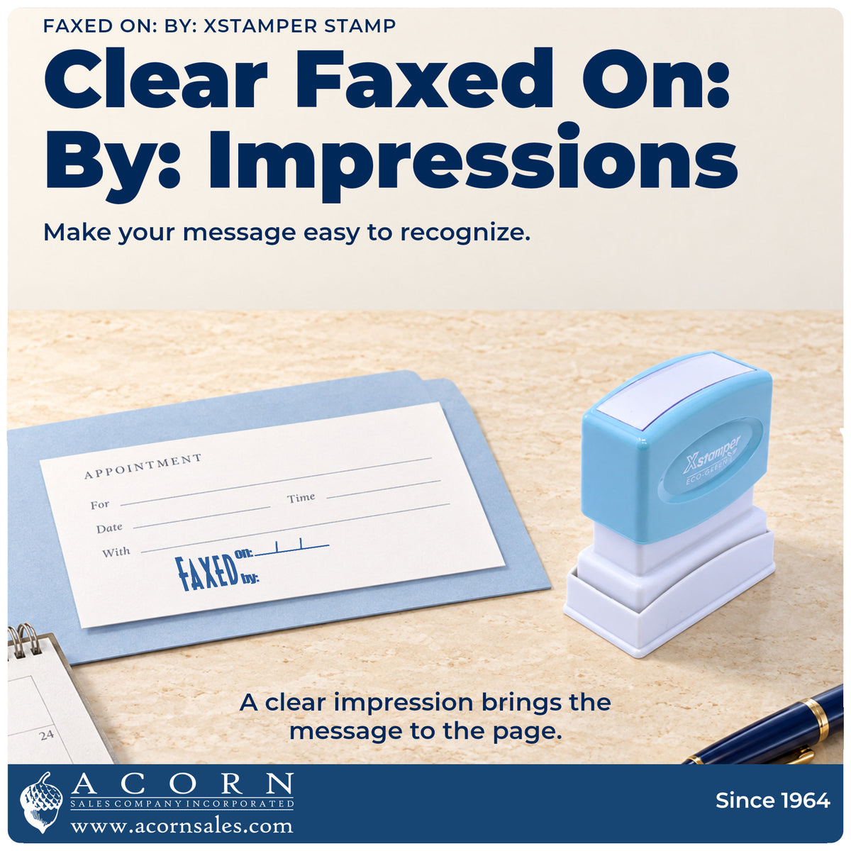 "Faxed on: by:" imprint on office paperwork beside the Xstamper Faxed On: By: Stamp