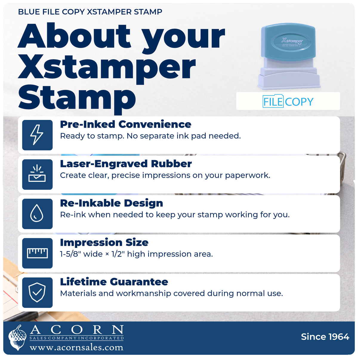 About your Blue File Copy Stamp: Xstamper 1821 pre-inked stock stamp facts