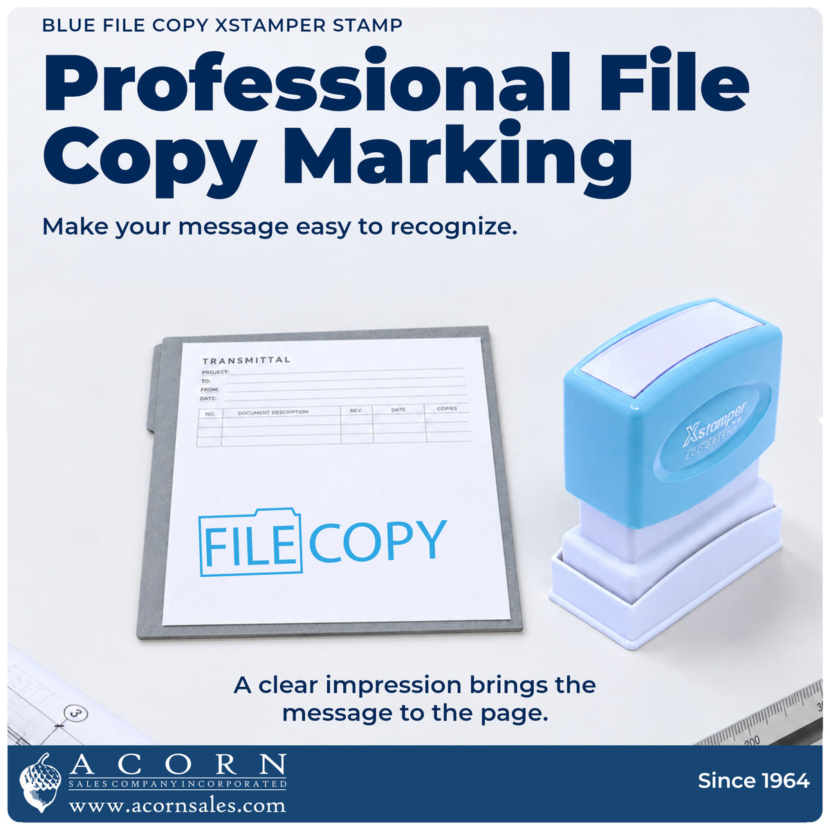 "File copy" imprint on office paperwork beside the Blue File Copy Stamp