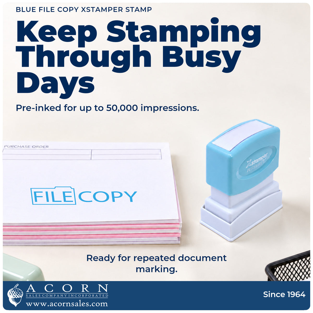 Re-inkable pre-inked build of the Blue File Copy Stamp shown in detail