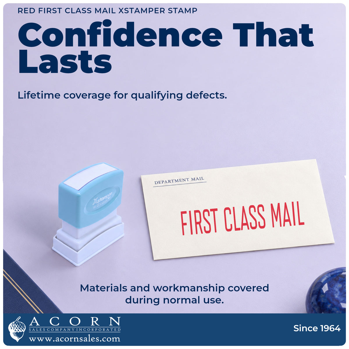 Lifetime guarantee graphic shown with the First Class Mail Stamp For Mail Processing – Red Pre-Inked Xstamper from Acorn S...