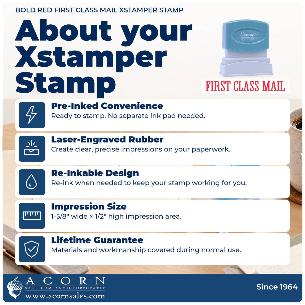 About your Bold Red First Class Mail Envelope Stamp: Xstamper 1149 pre-inked stock stamp facts