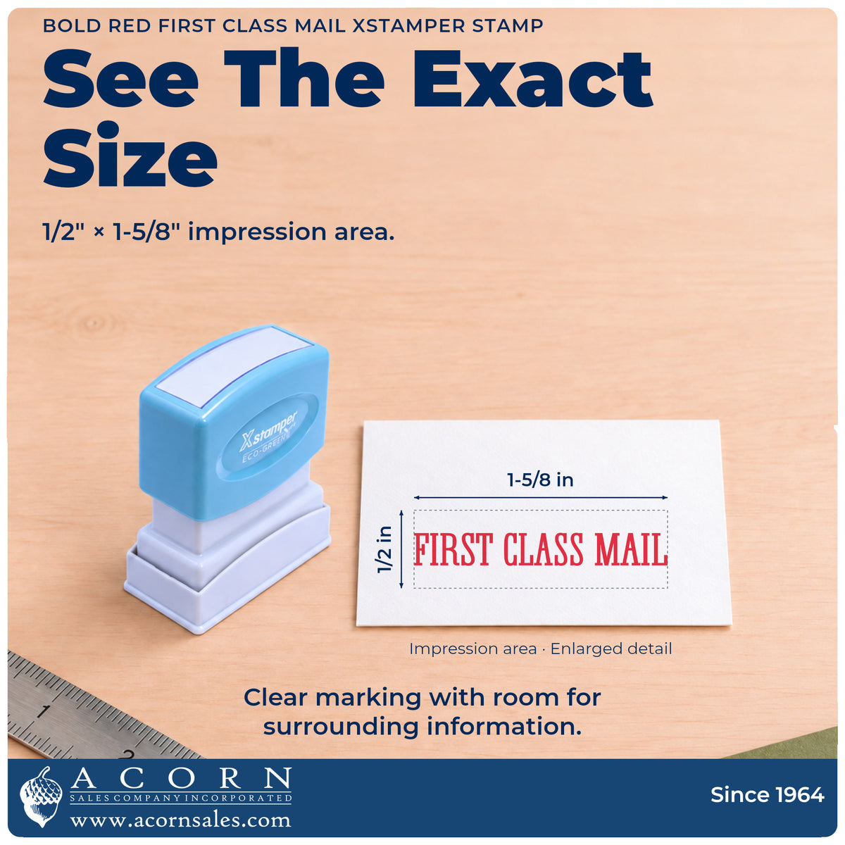 Impression size guide: the "First class mail" imprint measures 1-5/8 x 1/2 in