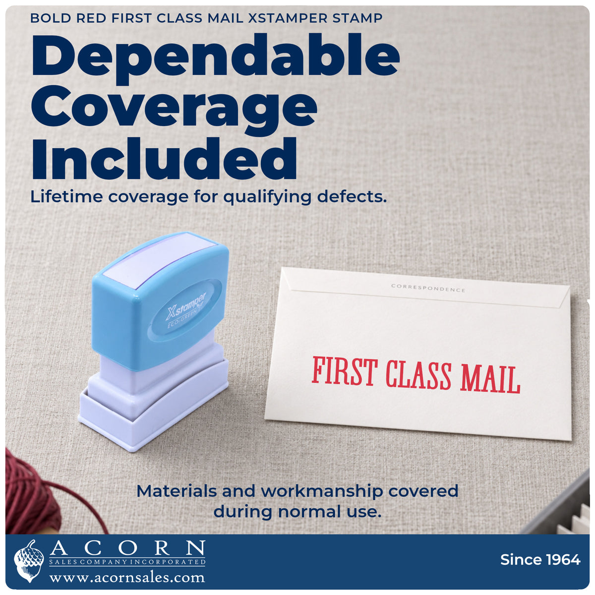 Lifetime guarantee graphic shown with the Bold Red First Class Mail Envelope Stamp from Acorn Sales