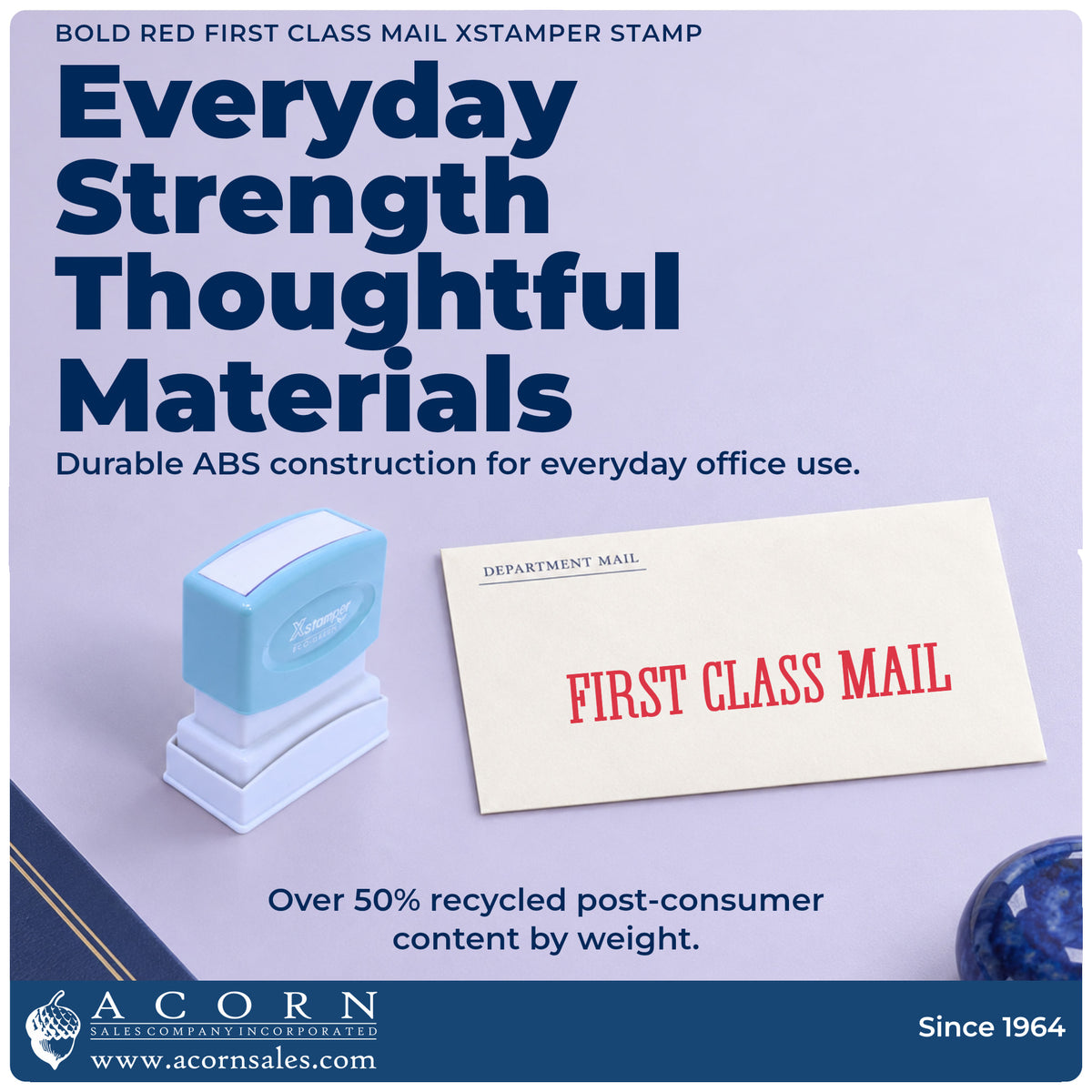 Features of the Bold Red First Class Mail Envelope Stamp: pre-inked Xstamper 1149, 1-5/8 x 1/2 in imprint