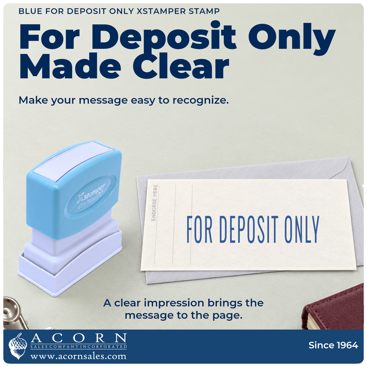 "For deposit only" imprint on office paperwork beside the For Deposit Only Check Endorsement Stamp – Blue Pre-Inked Xstamper