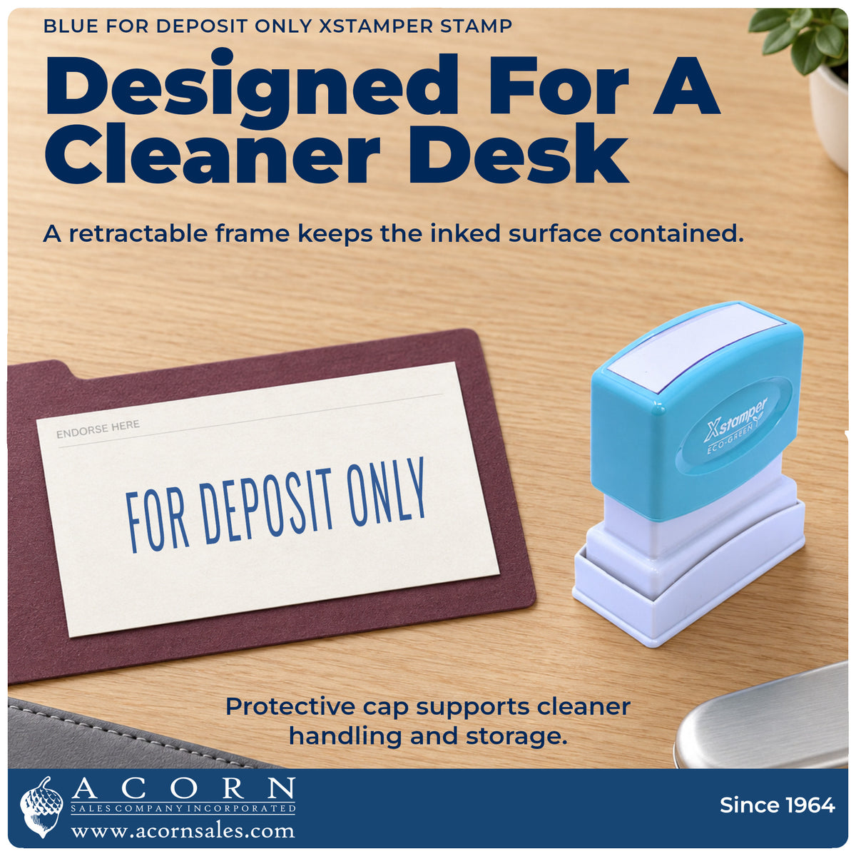 Features of the For Deposit Only Check Endorsement Stamp – Blue Pre-Inked Xstamper: pre-inked Xstamper 1121, 1/2 x 1-5/8 i...