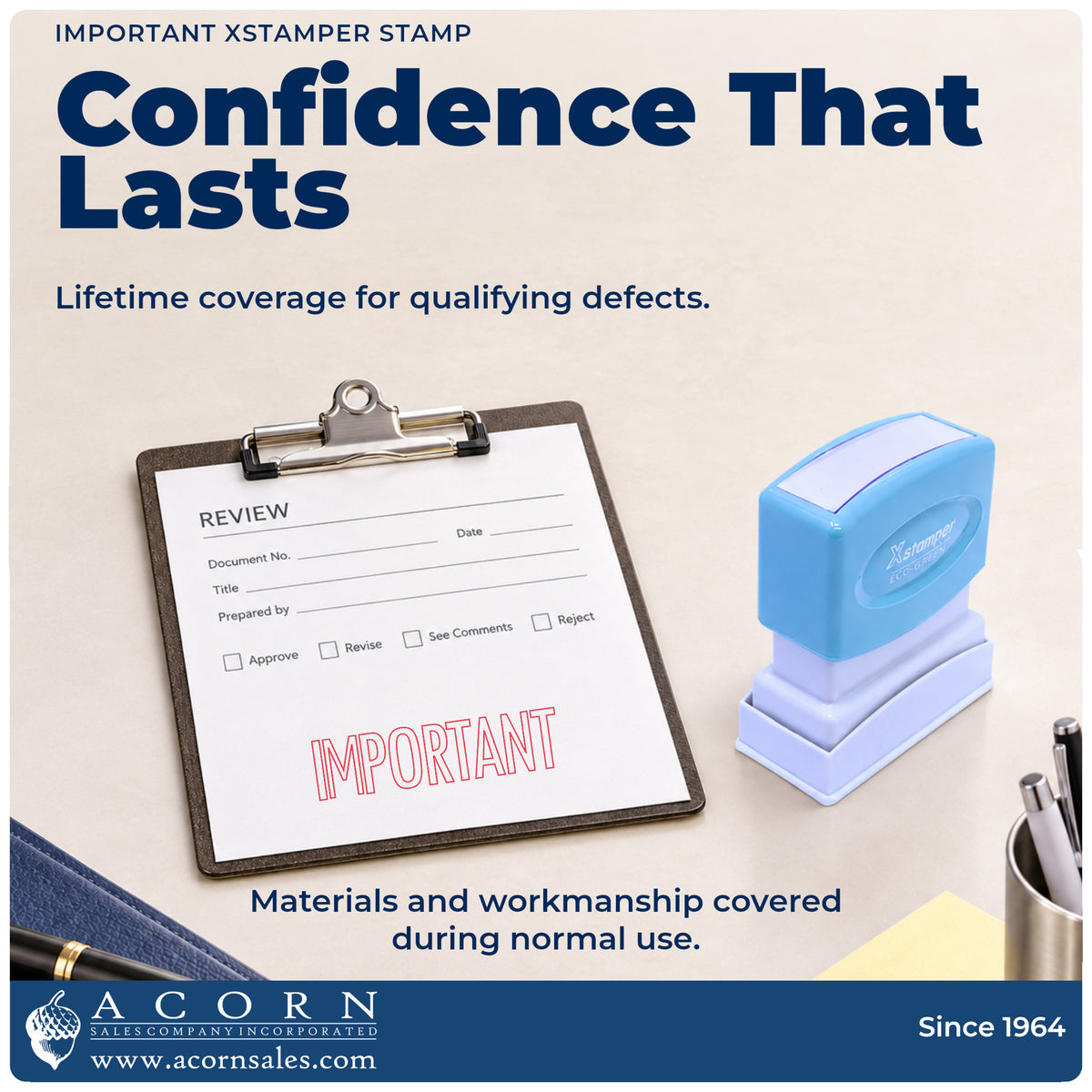 Lifetime guarantee graphic shown with the Important Stamp from Acorn Sales