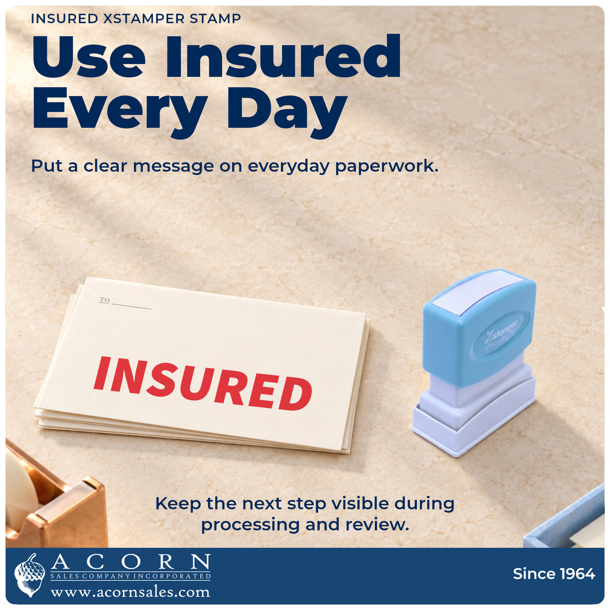 Insured Stamp For Mail Processing being pressed to leave an imprint reading "Insured"