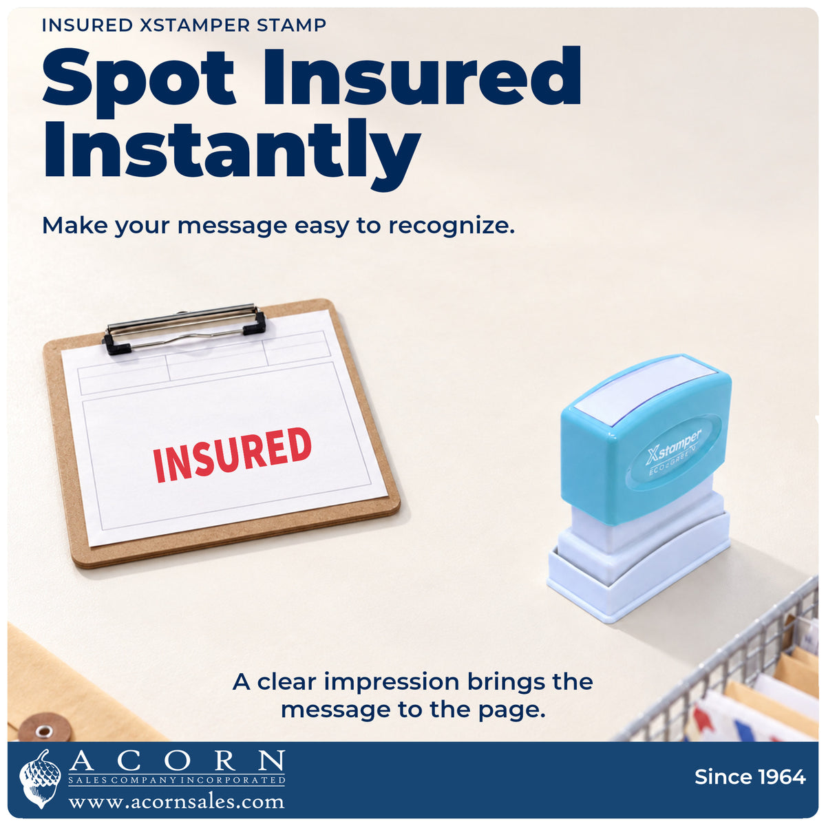 "Insured" imprint on office paperwork beside the Insured Stamp For Mail Processing