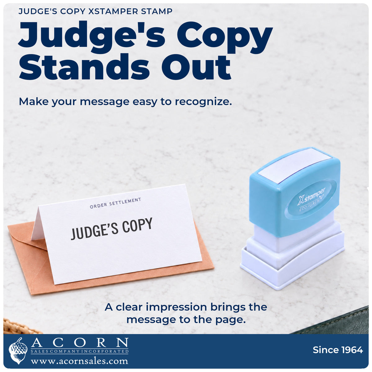 "Judge's copy" imprint on office paperwork beside the Xstamper Judge's Copy Stamp