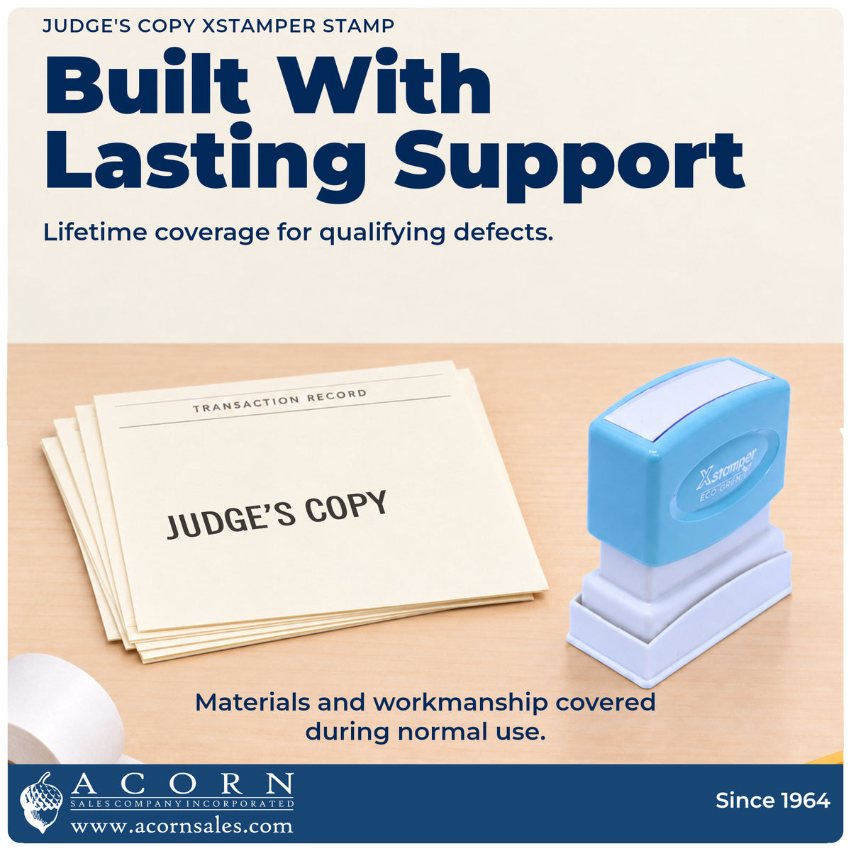 Lifetime guarantee graphic shown with the Xstamper Judge's Copy Stamp from Acorn Sales