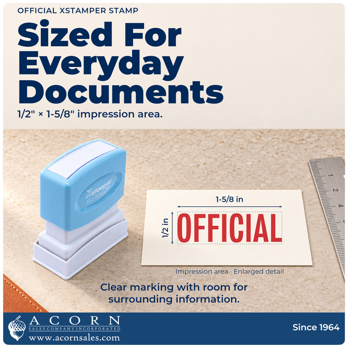 Impression size guide: the "Official" imprint measures 1-5/8 x 1/2 in