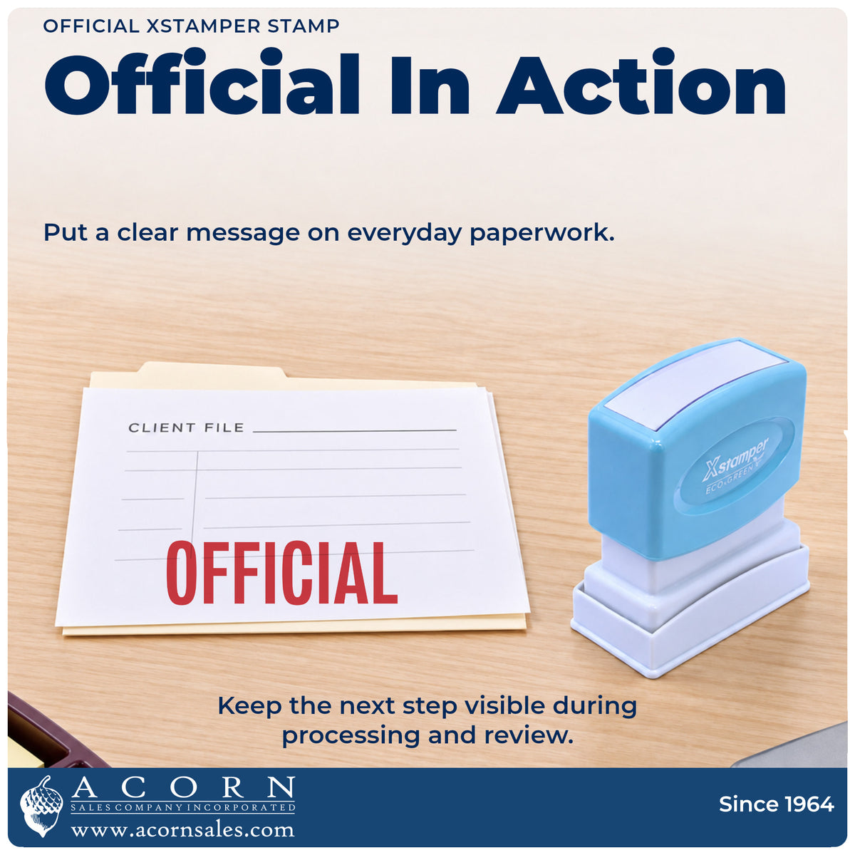 Xstamper Official Stamp being pressed to leave an imprint reading "Official"