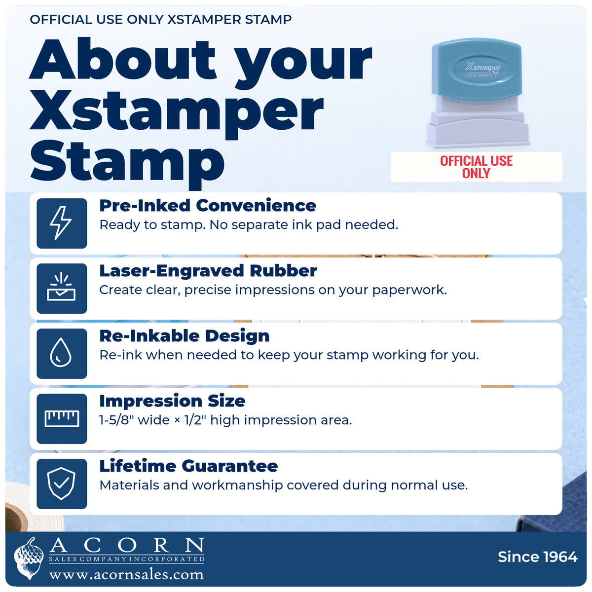About your Xstamper Official Use Only Document Stamp: Xstamper 1052 pre-inked stock stamp facts