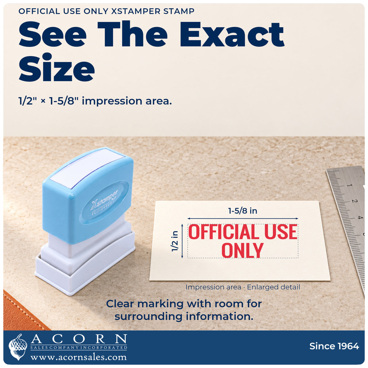 Impression size guide: the "Official use only" imprint measures 1/2 x 1-5/8 in