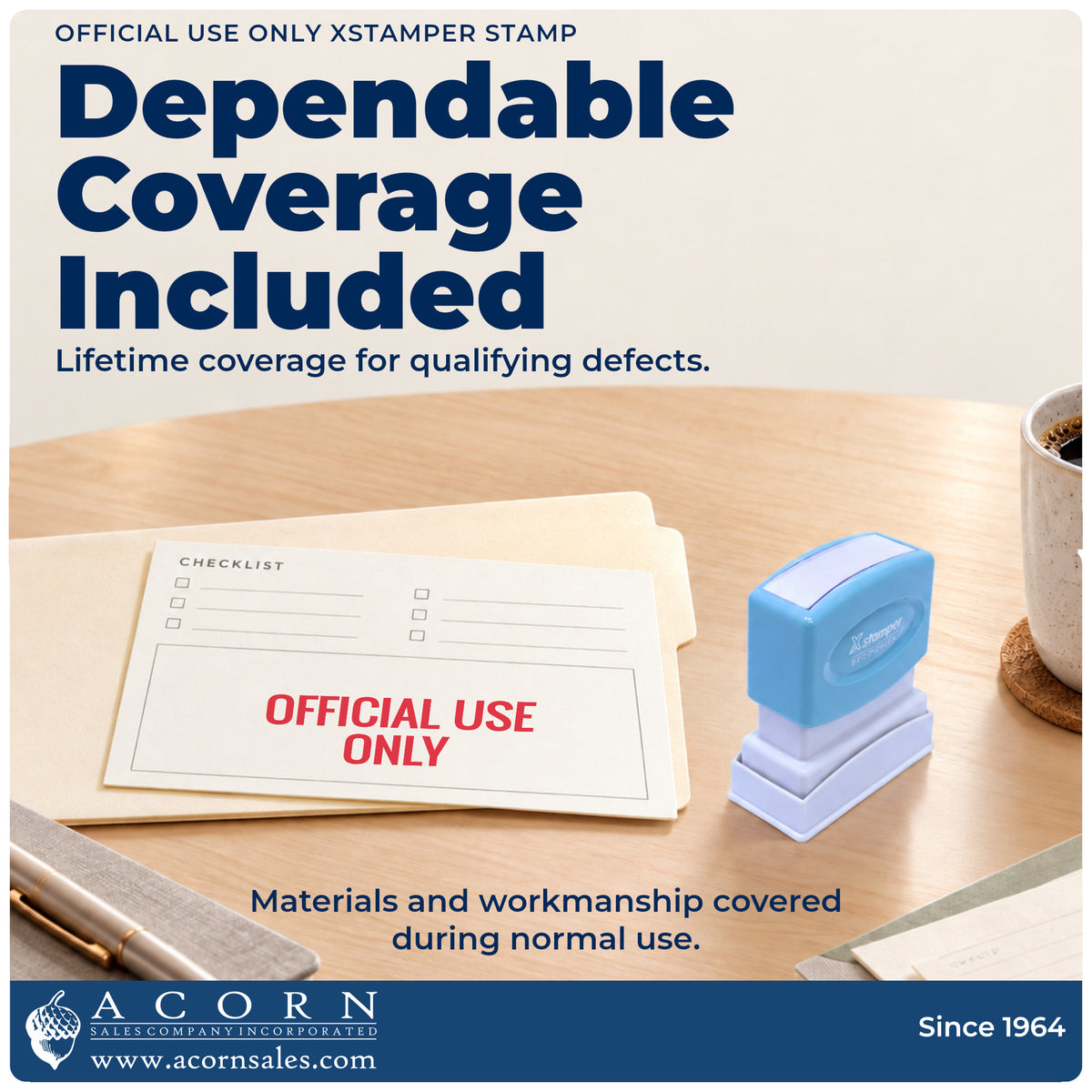 Lifetime guarantee graphic shown with the Xstamper Official Use Only Document Stamp from Acorn Sales